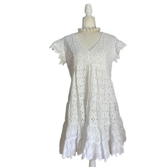 Place National Lace Eyelet Babydoll Mini Dress V Neck Tiered Ruffle Cottagecore - Picture 4 of 9